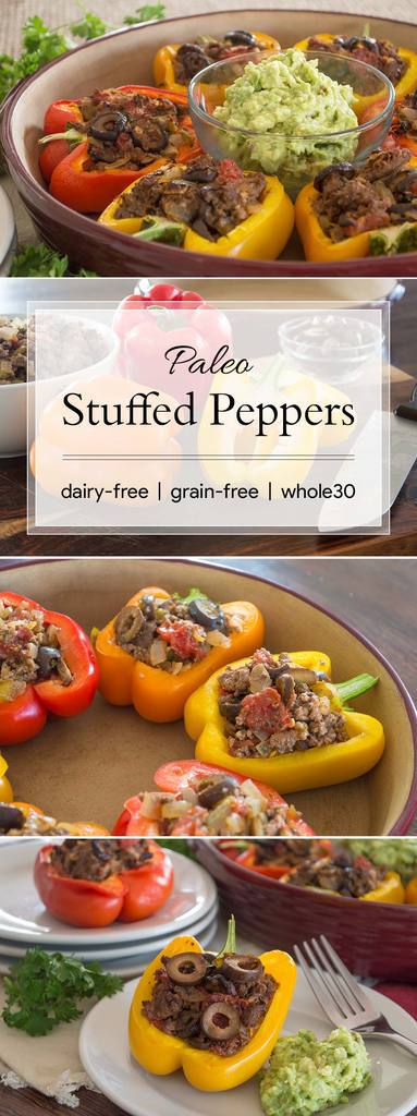 These stuffed peppers are an easy and delicious way to use up your summer produce and have an impressive dinner for your guests. Plus, they are allergen-free and Whole30-compliant. #paleo #whole30