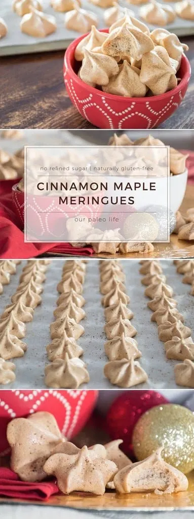 These Cinnamon Maple Meringue Cookies are refin-sugar-free and naturally gluten-free. Sweetened with pure maple syrup and seasoned with Ceylon cinnamon, these meringues are the perfect addition to your holiday cookie swap. #paleo