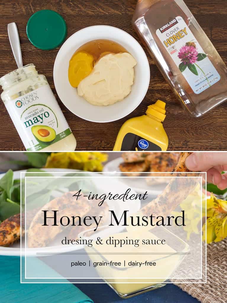 Every fridge needs a bottle of honey mustard suace on hand. Perfect for dipping chicken nuggets or tenders or pouring over a chef's salad. and with only 4 simple, clean ingredients, there's no reason not to make it. #paleo