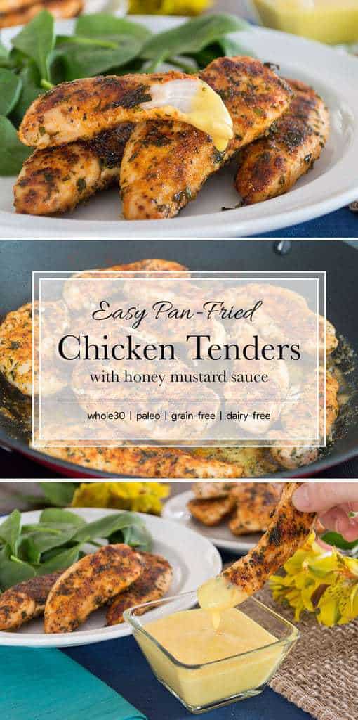 There's no need for carb-filled breading on these flavor-packed chicken tenders. Coated in the perfect blend of spices and pan-fried to crispy perfection in buttery ghee, kids and adults will love this easy-to-make dinner. #paleo