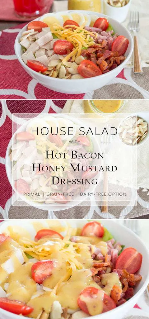 This House Salad w/ Hot Bacon Honey Mustard Dressing is restaurant quality right in your own home. Naturally gluten-free with a dairy-free option. #primal