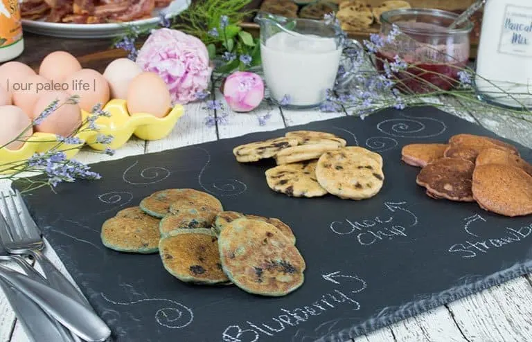 Strawberry, Blueberry, and Chocolate Chip Pancakes {grain-free; dairy-free}