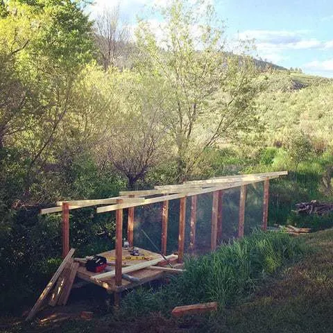 Initial Chicken Coop Columns with Wire Mesh Run