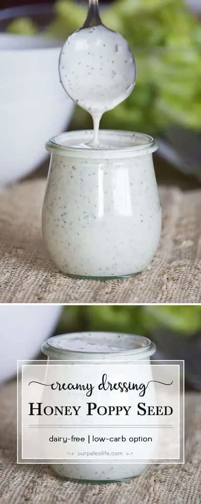 This Creamy Poppy Seed Dressing has just a hint of sweetness to match the tart vinegar flavor and is actually dairy-free! Perfect for any and all salads.