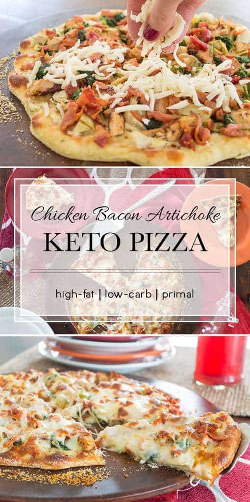 This pizza uses the fathead pizza crust and a white sauce to keep it low-carb. It's so flavorful you won't miss the old tomato sauce/pepperoni version at all. #keto