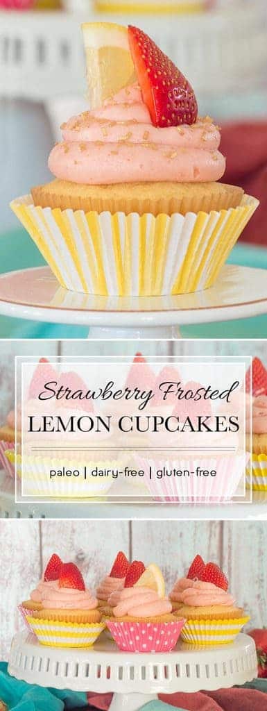 These light, fluffy lemon cupcakes are topped with a subtly sweet strawberry lemonade frosting. They are also grain- and dairy-free, making them a perfect summer dessert for everyone. These light, fluffy lemon cupcakes are topped with a subtly sweet strawberry lemonade frosting. They are also grain- and dairy-free, making them a perfect summer dessert for everyone.