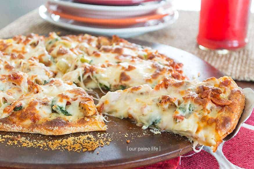 Keto Chicken Bacon Artichoke Pizza | low-carb, high-fat, primal {by Our Paleo Life}