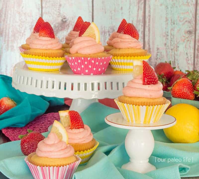 Grain-Free Lemon Cupcakes w/ Strawberry Lemonade Frosting