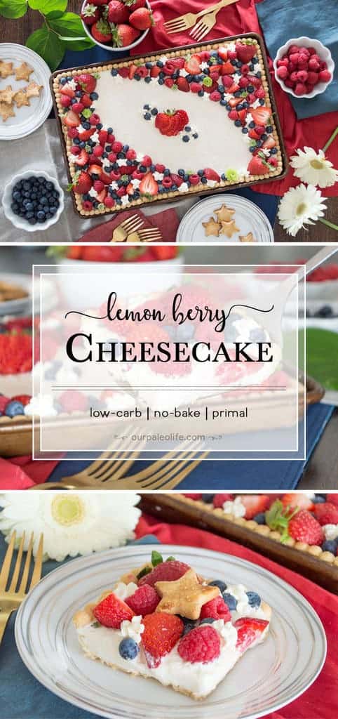 This No-Bake Lemon Cheesecake topped with fresh berries is perfect for any summertime get together. No sugar keeps the carb count low so you won't feel any guilt indulging in it.
