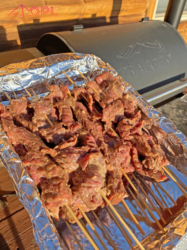 Skirt Steak Skewers Ready for the Smoker